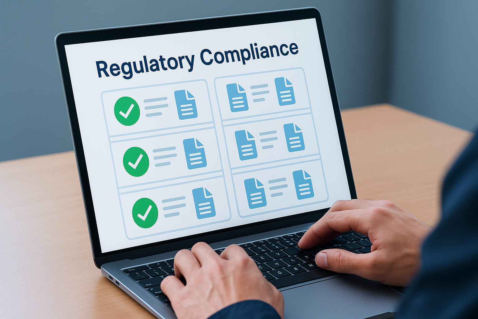 Person using a laptop with a regulatory compliance solution dashboard on screen.