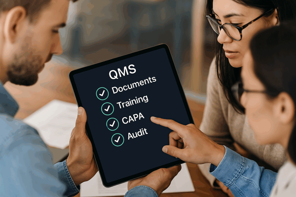 Team reviewing a tablet with a QMS checklist while comparing Greenlight Guru competitors.
