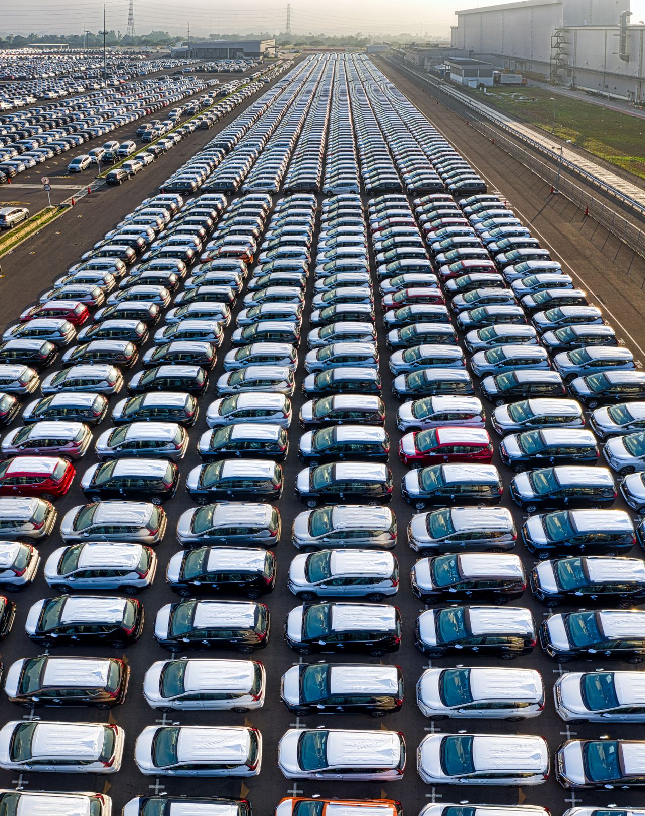 Rows of newly manufactured vehicles at an automotive plant