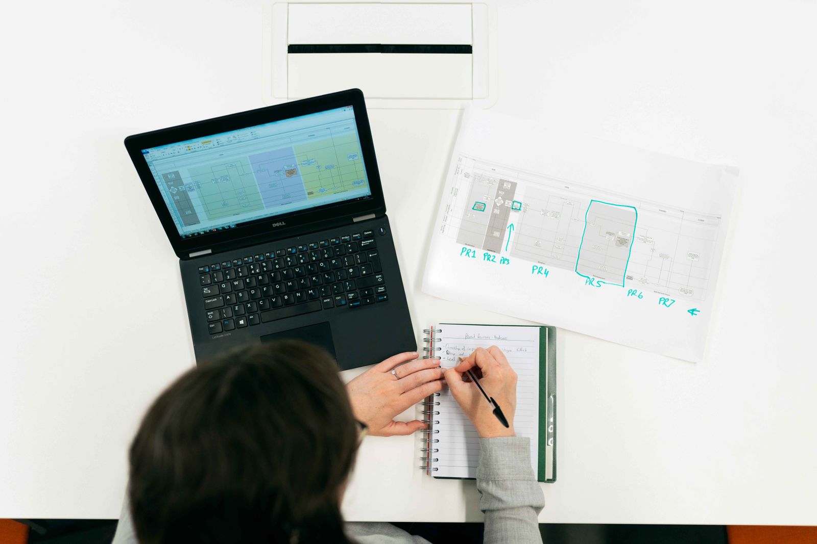 An engineer analyzing a process for failure modes with diagrams and notes